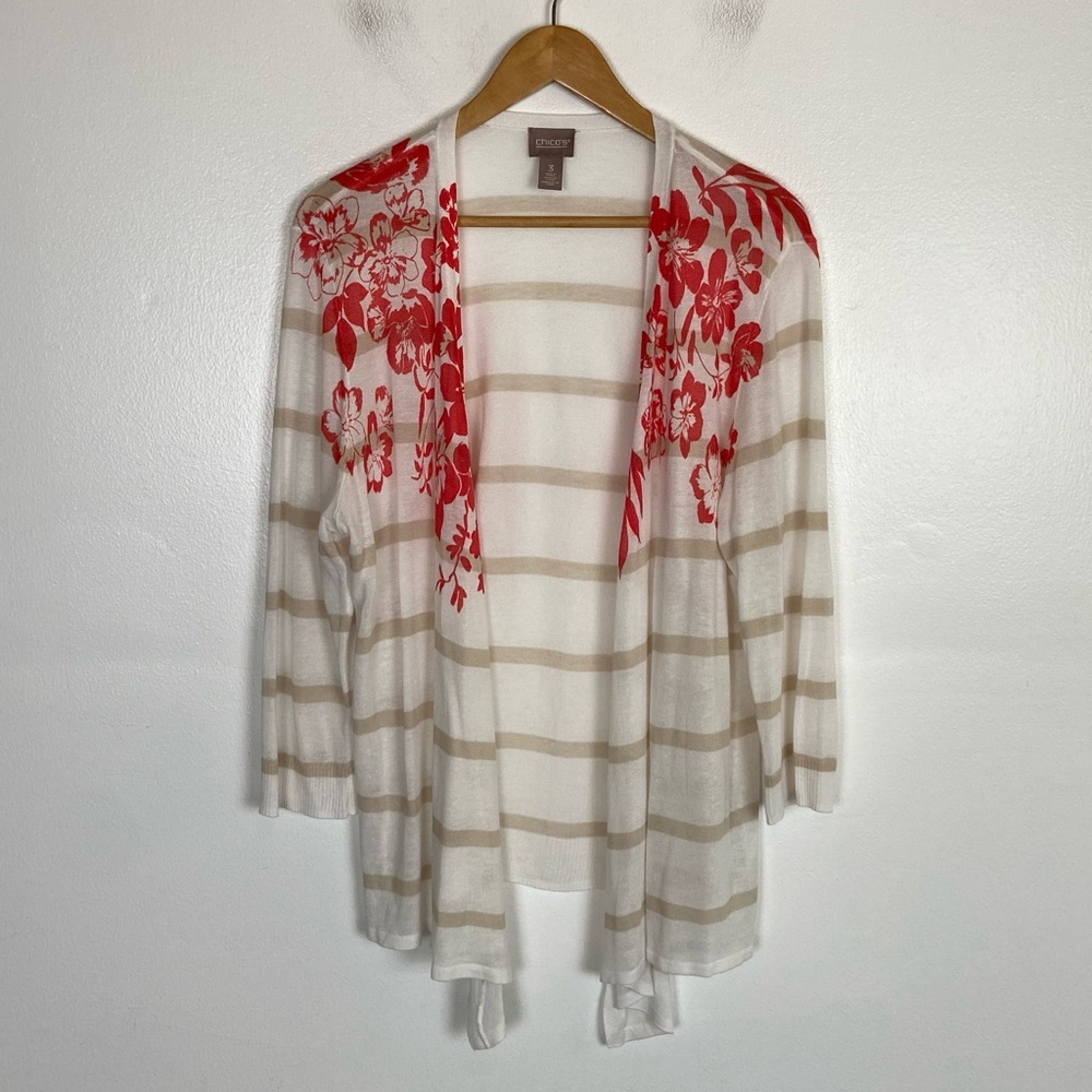 Chico's 3/4 Sleeves Open Front Cardigan Size 3 US XL Floral Stripes Sheer knit